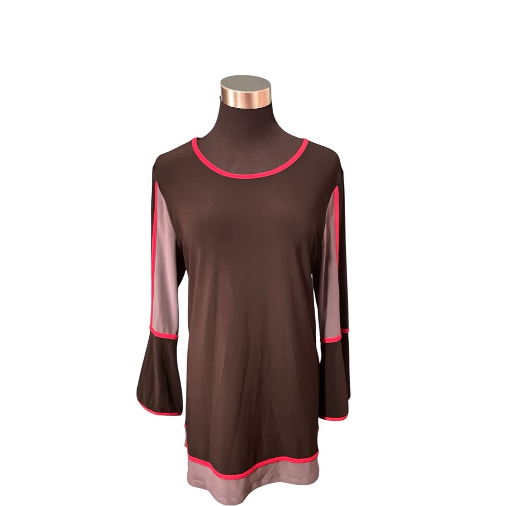 Bold Black, Red & Grey Color block Tunic – Bell Sleeve Top – Size L